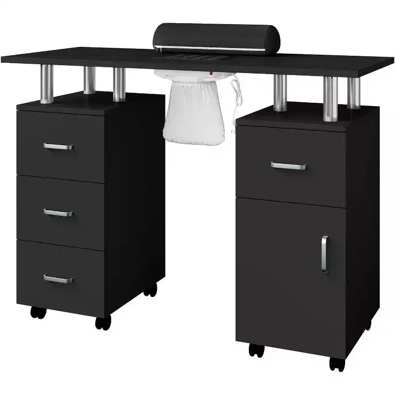 Tavolo Manicure con Aspiratore Elettrico per Polveri, Tavolo Unghie 42" Postazione per Salone di Bellezza con Ruote Bloccabili, Bracciolo, 4 Cassetti Portaoggetti, Piano Resistente