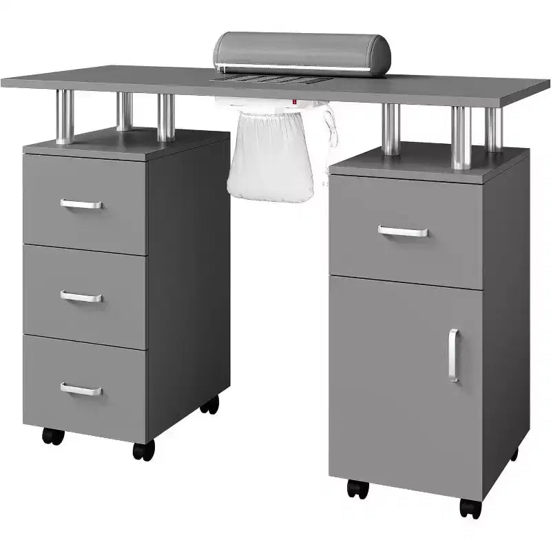 Tavolo Manicure con Aspiratore Elettrico per Polveri, Tavolo Unghie 42" Postazione per Salone di Bellezza con Ruote Bloccabili, Bracciolo, 4 Cassetti Portaoggetti, Piano Resistente