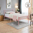 Struttura letto matrimoniale in metallo, Struttura letto a piattaforma, Base materasso con testiera e pediera, NON è richiesta la rete a molle, Facile montaggio, Rosa