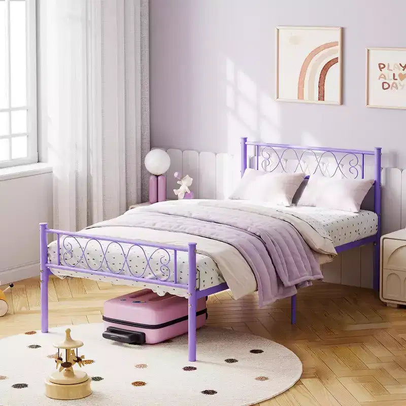 Struttura letto matrimoniale in metallo, Struttura letto a piattaforma, Base materasso con testiera e pediera, NON è richiesta la rete a molle, Facile montaggio, Rosa