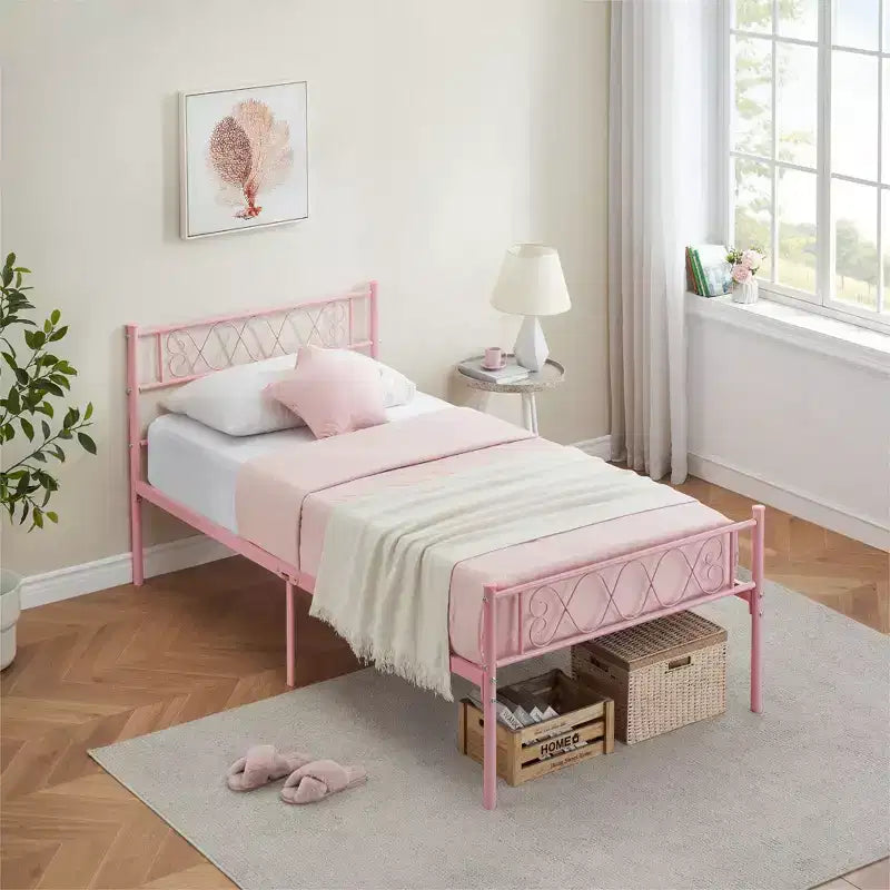 Struttura letto matrimoniale in metallo, Struttura letto a piattaforma, Base materasso con testiera e pediera, NON è richiesta la rete a molle, Facile montaggio, Rosa