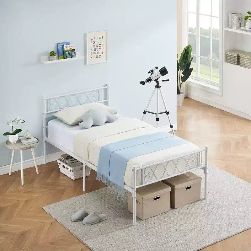 Struttura letto matrimoniale in metallo, Struttura letto a piattaforma, Base materasso con testiera e pediera, NON è richiesta la rete a molle, Facile montaggio, Rosa