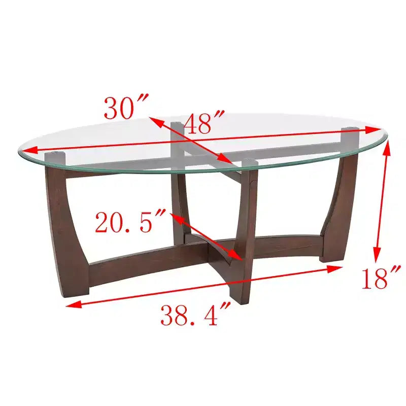 MAYEERTY Tavolino da caffè ovale in vetro da 48 pollici, tavolino da caffè rotondo color ciliegio con piano in vetro, tavolino da caffè piccolo per soggiorno ufficio