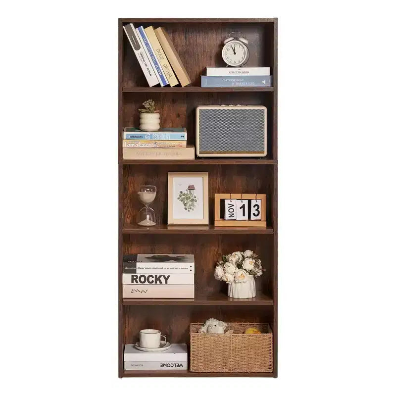 VIYET Libreria stretta a 5 ripiani alta 134 cm, Scaffale aperto regolabile, Stoccaggio autoportante, Camera da letto/Soggiorno/Ufficio/Biblioteca, Marrone