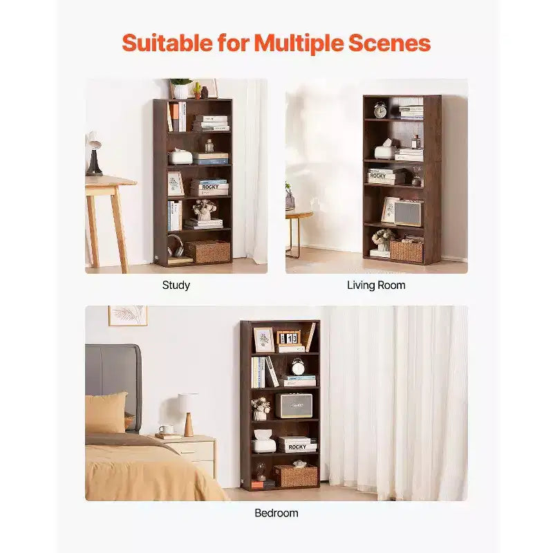 VIYET Libreria stretta a 5 ripiani alta 134 cm, Scaffale aperto regolabile, Stoccaggio autoportante, Camera da letto/Soggiorno/Ufficio/Biblioteca, Marrone