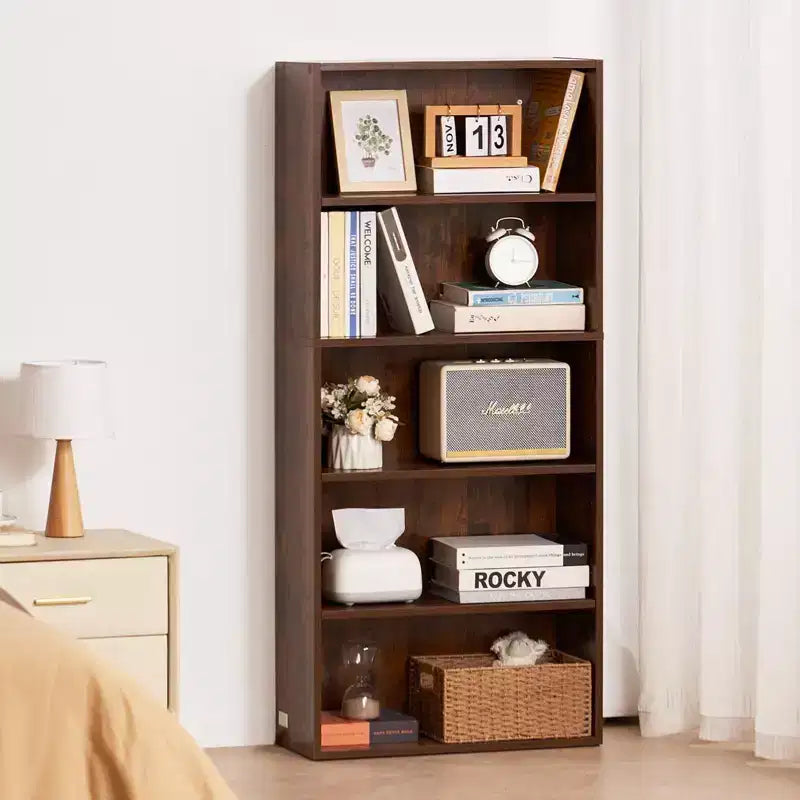 VIYET Libreria stretta a 5 ripiani alta 134 cm, Scaffale aperto regolabile, Stoccaggio autoportante, Camera da letto/Soggiorno/Ufficio/Biblioteca, Marrone