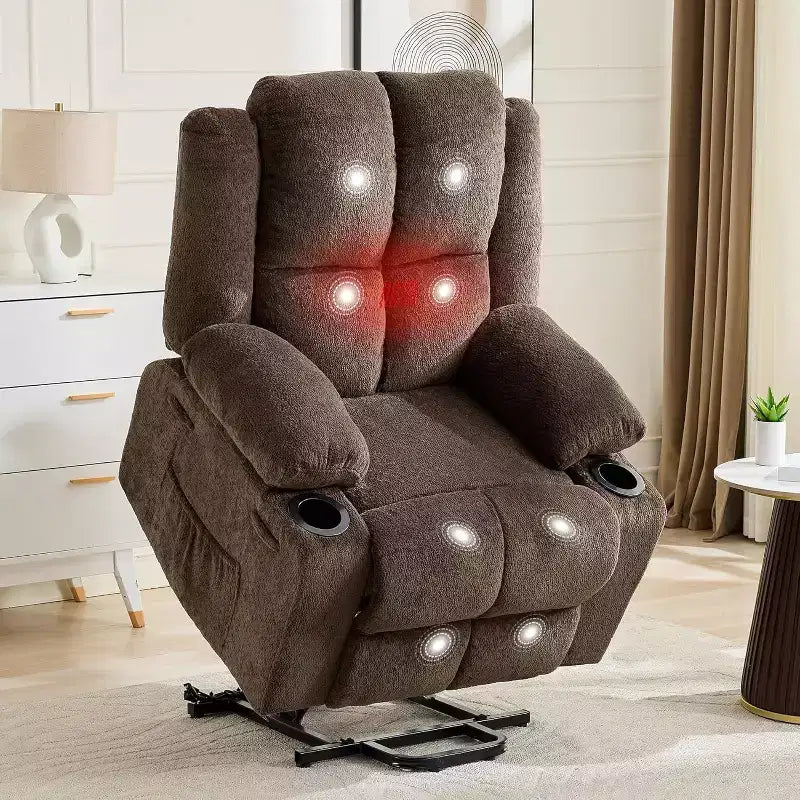 Poltrona reclinabile con massaggio, sedia extra-large con sollevamento assistito, reclinazione piatta a 155°, 2 portabicchieri, tessuto in lino per anziani e comfort in salotto