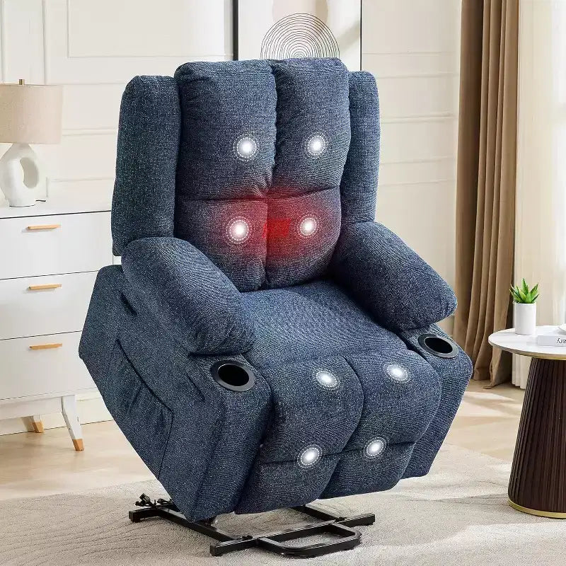 Poltrona reclinabile con massaggio, sedia extra-large con sollevamento assistito, reclinazione piatta a 155°, 2 portabicchieri, tessuto in lino per anziani e comfort in salotto