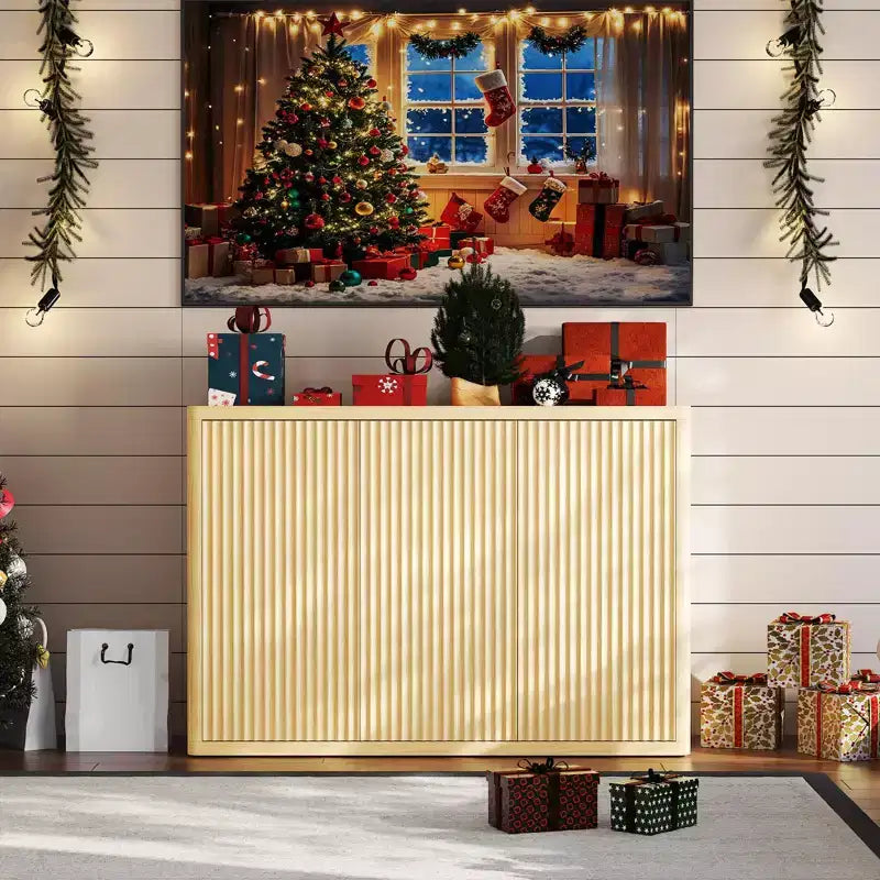 COZONY 46.7 Credenza Buffet, Mobile Contenitore in Legno Scanalato con Ripiani Regolabili e 3 Ante