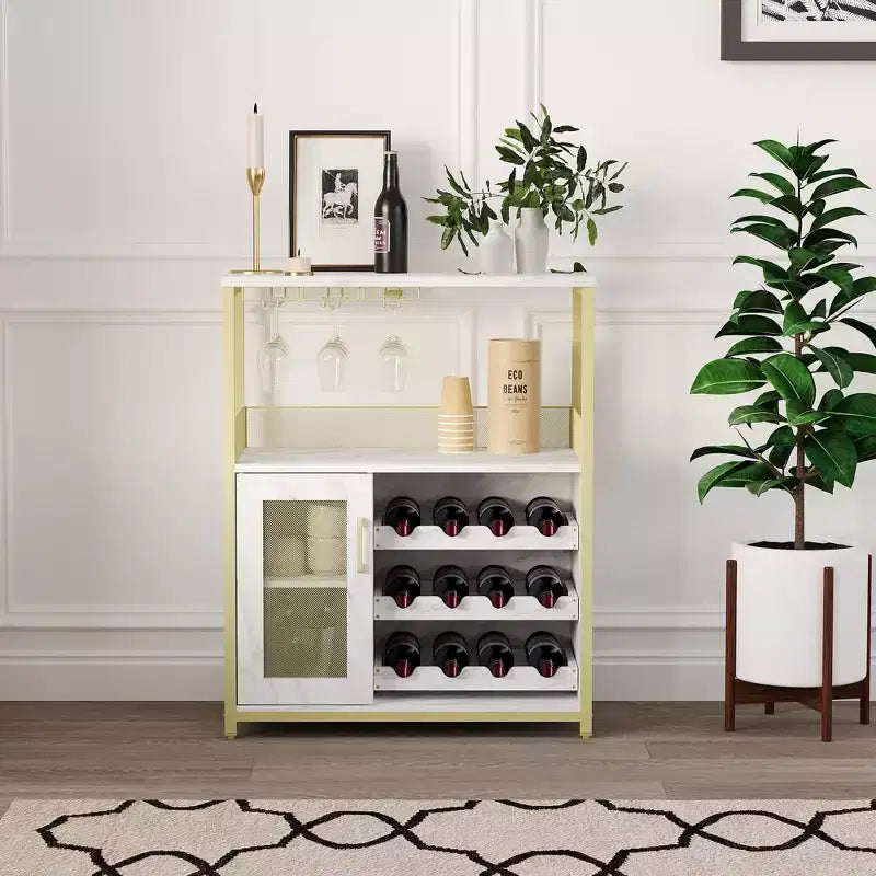 Gold Industrial Wine Bar Cabinet C 12-Bottle Storage with Removable Glass Holder C Sideboard for Living Room, Kitchen & Dining Room