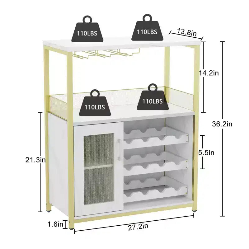 Mobile Bar Industriale Dorato C con portabottiglie da 12 C Porta Calici Rimovibile C Credenza per Soggiorno, Cucina e Sala da Pranzo