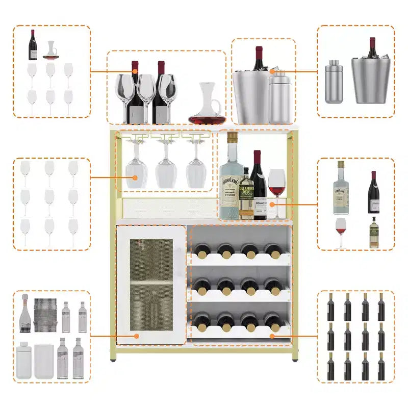 Mobile Bar Industriale Dorato C con portabottiglie da 12 C Porta Calici Rimovibile C Credenza per Soggiorno, Cucina e Sala da Pranzo