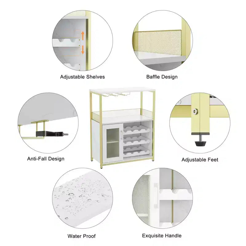Mobile Bar Industriale Dorato C con portabottiglie da 12 C Porta Calici Rimovibile C Credenza per Soggiorno, Cucina e Sala da Pranzo