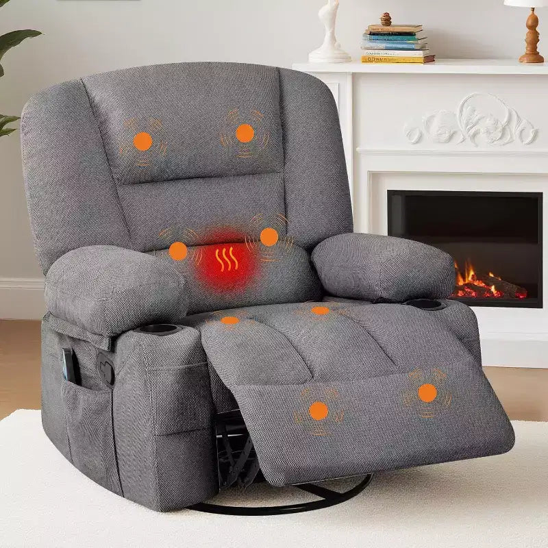 Poltrona Reclinabile per Adulti con Massaggio e Riscaldamento, Girevole a 360°, Recliner Manuale Extra Largo, Poltrona in Tessuto Chenille per Soggiorno