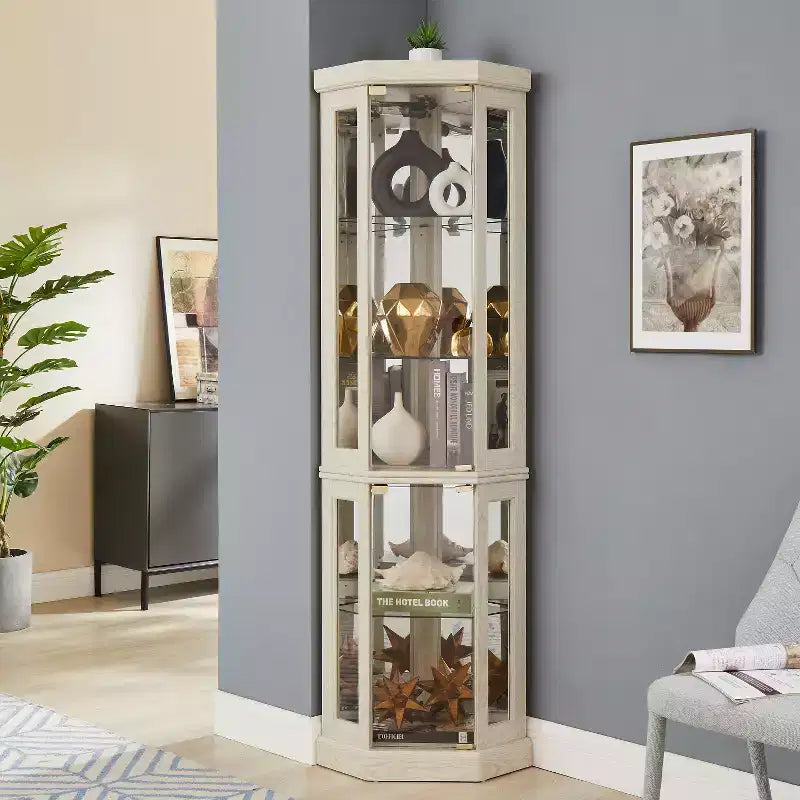 Mobiletto con luce, vetrinetta con ante in vetro, vetrinetta angolare con ripiani regolabili in vetro temperato bianco