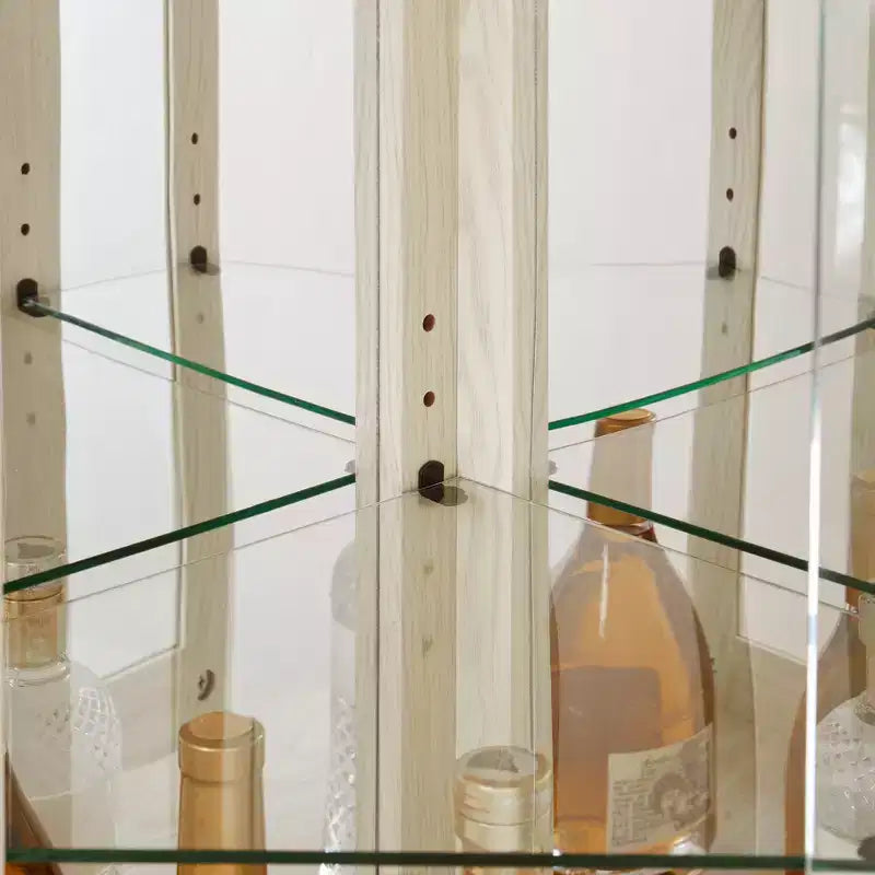 Mobiletto con luce, vetrinetta con ante in vetro, vetrinetta angolare con ripiani regolabili in vetro temperato bianco