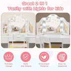 Set Toeletta per Bambini Acekool con Specchio a Tre Ante Rimovibile, Cassetti e Ripiani Contenitori, Scrivania Trucco e Sedia per Camera da Letto per Ragazze