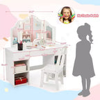 Set Toeletta per Bambini Acekool con Specchio a Tre Ante Rimovibile, Cassetti e Ripiani Contenitori, Scrivania Trucco e Sedia per Camera da Letto per Ragazze