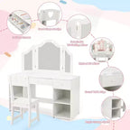 Set Toeletta per Bambini Acekool con Specchio a Tre Ante Rimovibile, Cassetti e Ripiani Contenitori, Scrivania Trucco e Sedia per Camera da Letto per Ragazze
