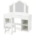 Set Toeletta per Bambini Acekool con Specchio a Tre Ante Rimovibile, Cassetti e Ripiani Contenitori, Scrivania Trucco e Sedia per Camera da Letto per Ragazze