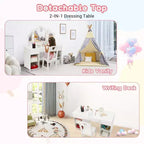 Set Toeletta per Bambini Acekool con Specchio a Tre Ante Rimovibile, Cassetti e Ripiani Contenitori, Scrivania Trucco e Sedia per Camera da Letto per Ragazze