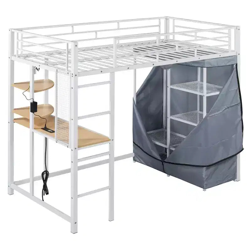 Luxystar Letto a soppalco in metallo con scrivania, mensole, armadio, presa elettrica e LED