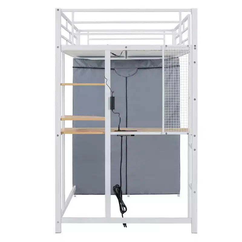 Luxystar Letto a soppalco in metallo con scrivania, mensole, armadio, presa elettrica e LED