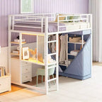 Luxystar Letto a soppalco in metallo con scrivania, mensole, armadio, presa elettrica e LED