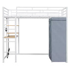 Luxystar Letto a soppalco in metallo con scrivania, mensole, armadio, presa elettrica e LED