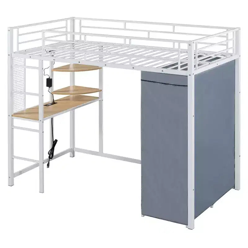 Luxystar Letto a soppalco in metallo con scrivania, mensole, armadio, presa elettrica e LED