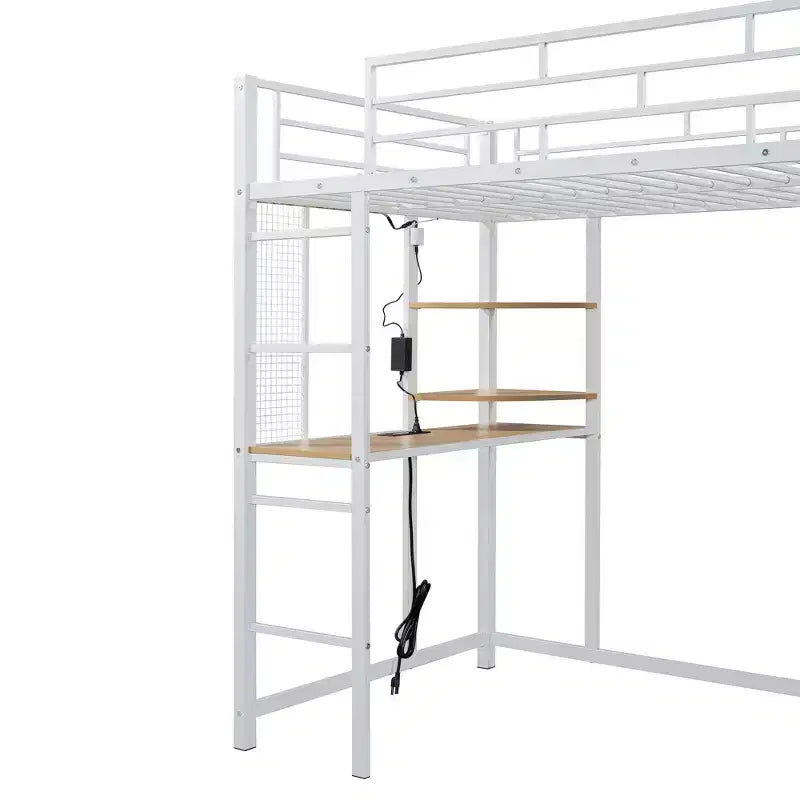 Luxystar Letto a soppalco in metallo con scrivania, mensole, armadio, presa elettrica e LED