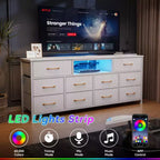55 Inch Wide White TV Stand Dresser 10 Drawers with Power Outlets LED Lights Media Console for 65 Inch TV Bedroom Storage Chest Entertainment Center