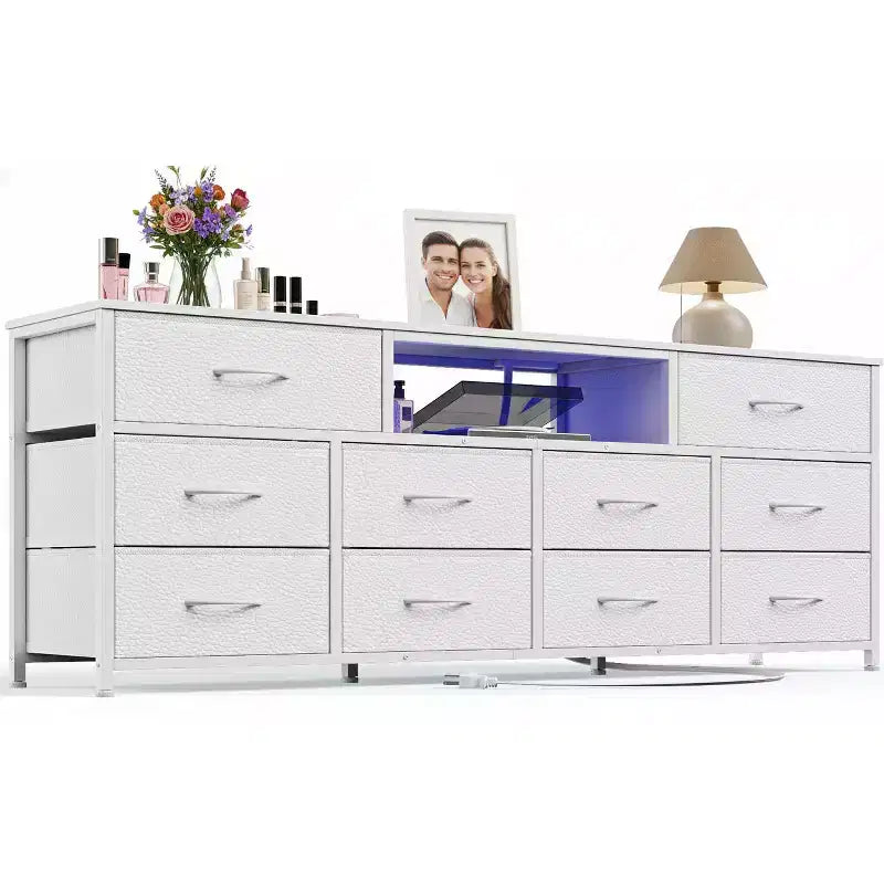 Mobile TV bianco da 55 pollici, comò con 10 cassetti, prese elettriche, luci LED, console multimediale per TV da 65 pollici, cassettiera per camera da letto, centro di intrattenimento