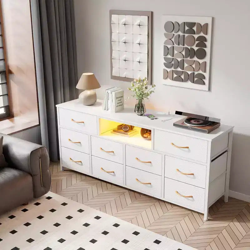 Mobile TV bianco da 55 pollici, comò con 10 cassetti, prese elettriche, luci LED, console multimediale per TV da 65 pollici, cassettiera per camera da letto, centro di intrattenimento