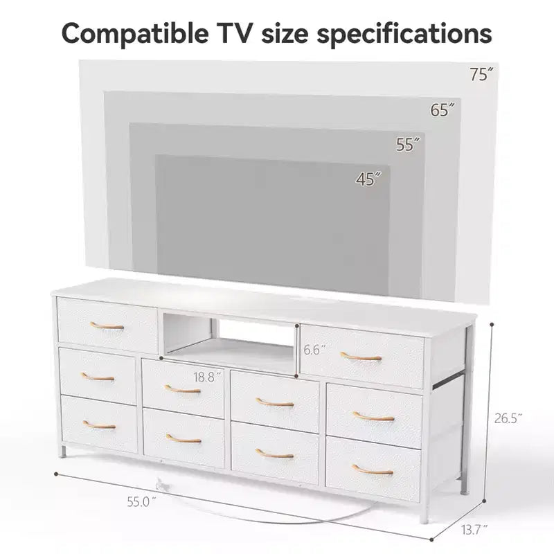 Mobile TV bianco da 55 pollici, comò con 10 cassetti, prese elettriche, luci LED, console multimediale per TV da 65 pollici, cassettiera per camera da letto, centro di intrattenimento