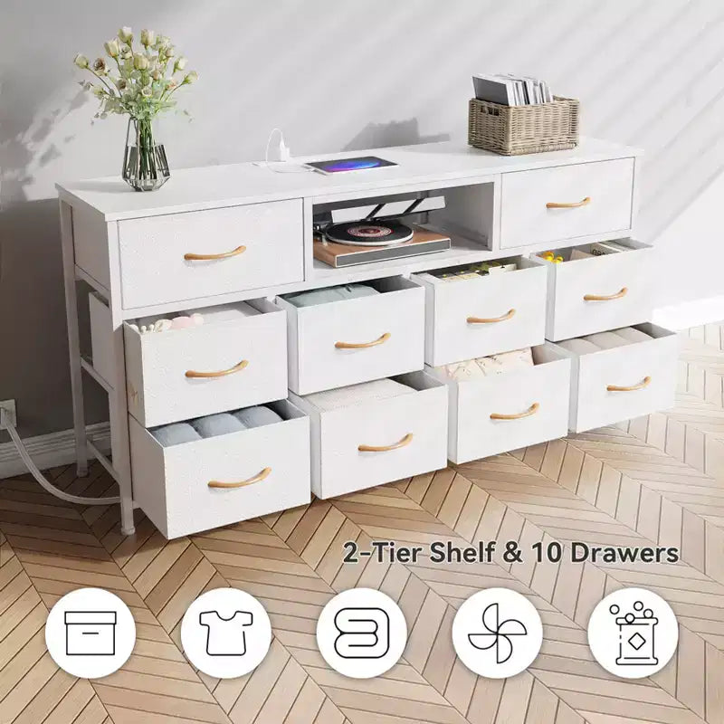 Mobile TV bianco da 55 pollici, comò con 10 cassetti, prese elettriche, luci LED, console multimediale per TV da 65 pollici, cassettiera per camera da letto, centro di intrattenimento