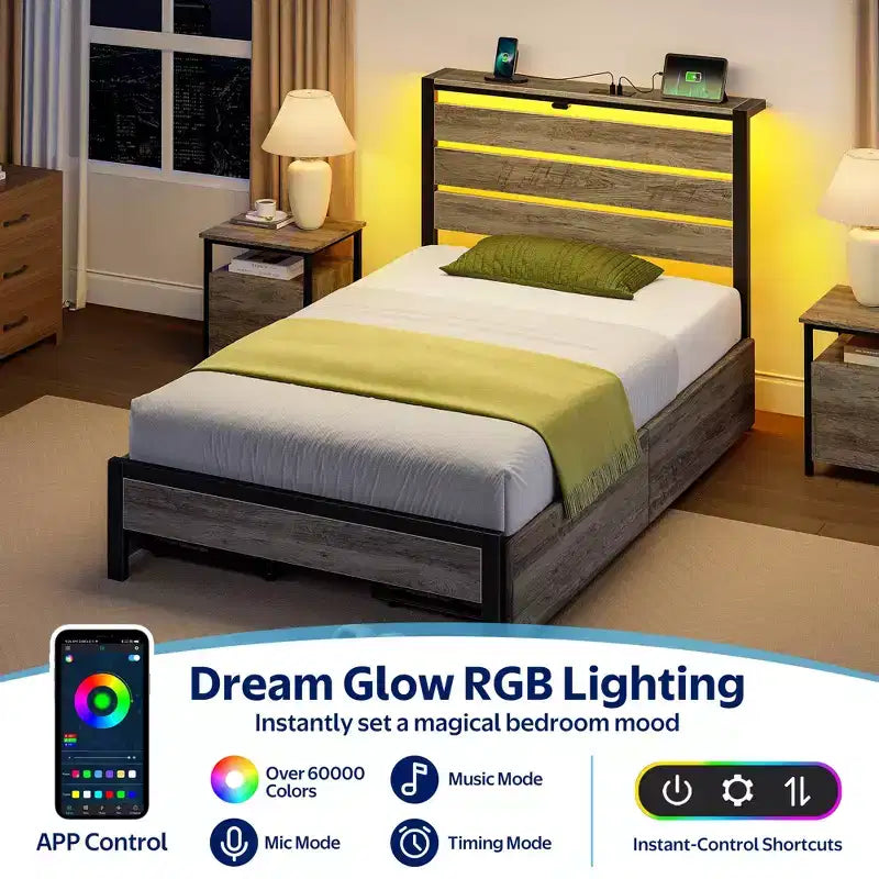 Greenstell Letto con Piattaforma in Metallo Industriale con 4 Cassetti Contenitore - Luce LED e Stazione di Ricarica, Base per Materasso, Robusto