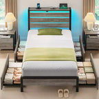 Greenstell Letto con Piattaforma in Metallo Industriale con 4 Cassetti Contenitore - Luce LED e Stazione di Ricarica, Base per Materasso, Robusto