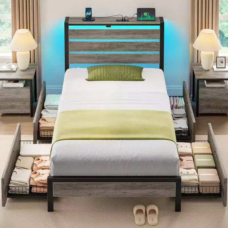 Greenstell Letto con Piattaforma in Metallo Industriale con 4 Cassetti Contenitore - Luce LED e Stazione di Ricarica, Base per Materasso, Robusto