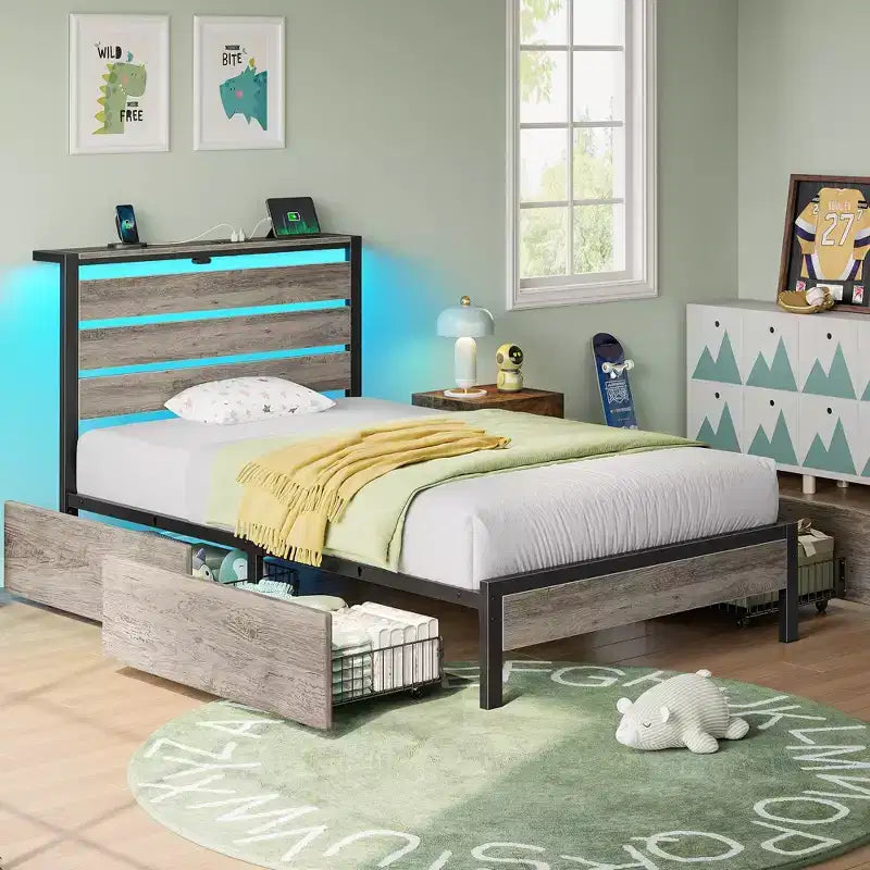 Greenstell Letto con Piattaforma in Metallo Industriale con 4 Cassetti Contenitore - Luce LED e Stazione di Ricarica, Base per Materasso, Robusto
