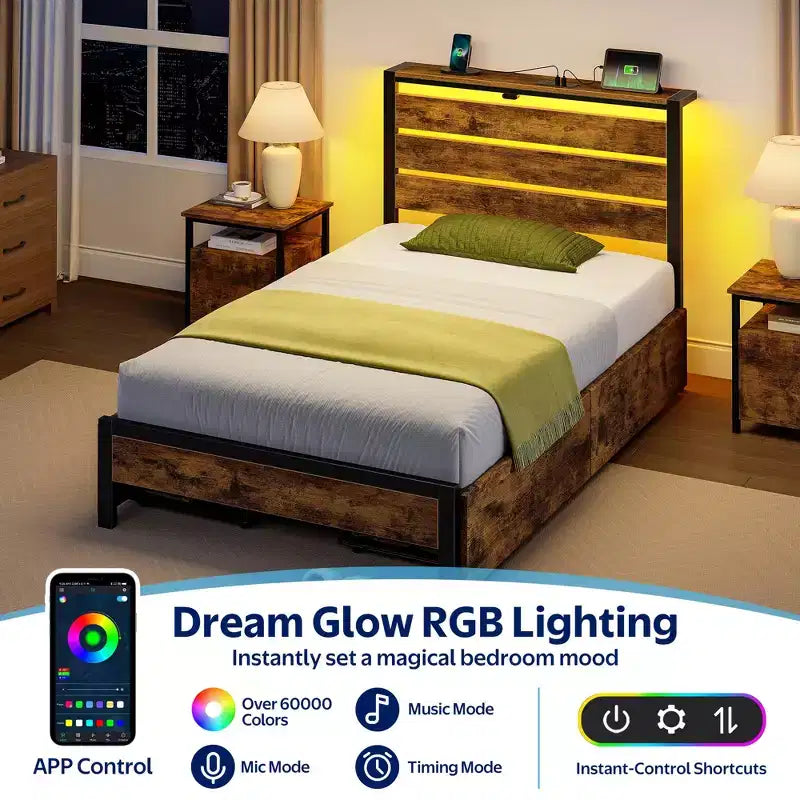 Greenstell Letto con Piattaforma in Metallo Industriale con 4 Cassetti Contenitore - Luce LED e Stazione di Ricarica, Base per Materasso, Robusto