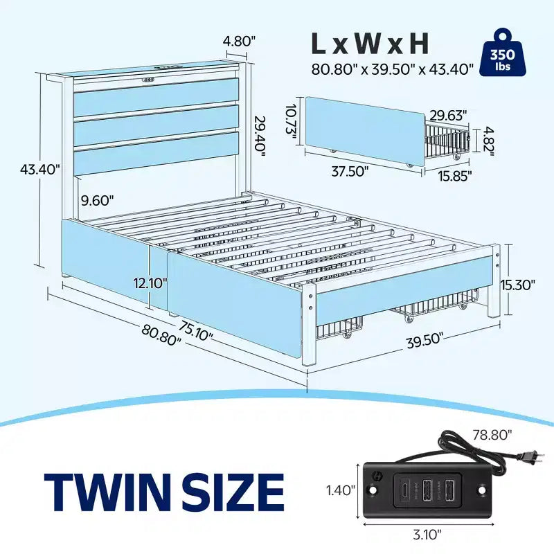 Greenstell Letto con Piattaforma in Metallo Industriale con 4 Cassetti Contenitore - Luce LED e Stazione di Ricarica, Base per Materasso, Robusto
