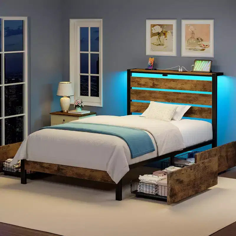 Greenstell Letto con Piattaforma in Metallo Industriale con 4 Cassetti Contenitore - Luce LED e Stazione di Ricarica, Base per Materasso, Robusto