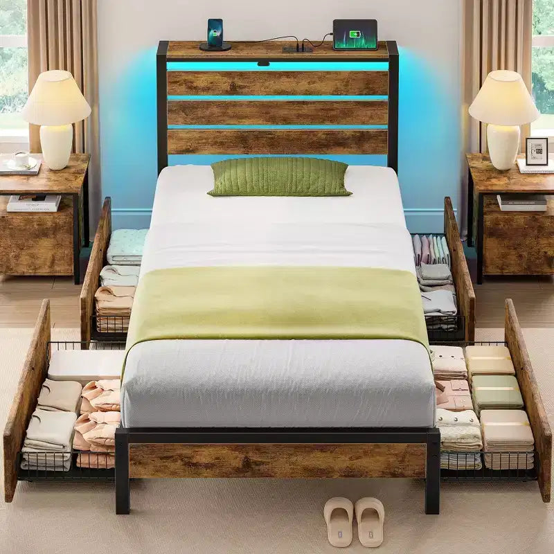 Greenstell Letto con Piattaforma in Metallo Industriale con 4 Cassetti Contenitore - Luce LED e Stazione di Ricarica, Base per Materasso, Robusto
