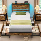 Greenstell Letto con Piattaforma in Metallo Industriale con 4 Cassetti Contenitore - Luce LED e Stazione di Ricarica, Base per Materasso, Robusto