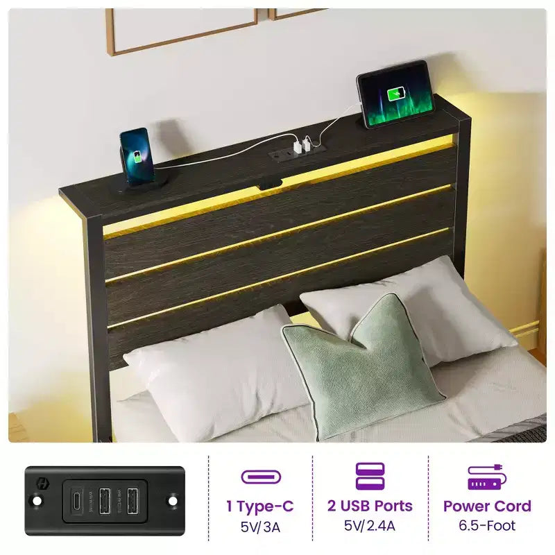 Greenstell Letto con Piattaforma in Metallo Industriale con 4 Cassetti Contenitore - Luce LED e Stazione di Ricarica, Base per Materasso, Robusto
