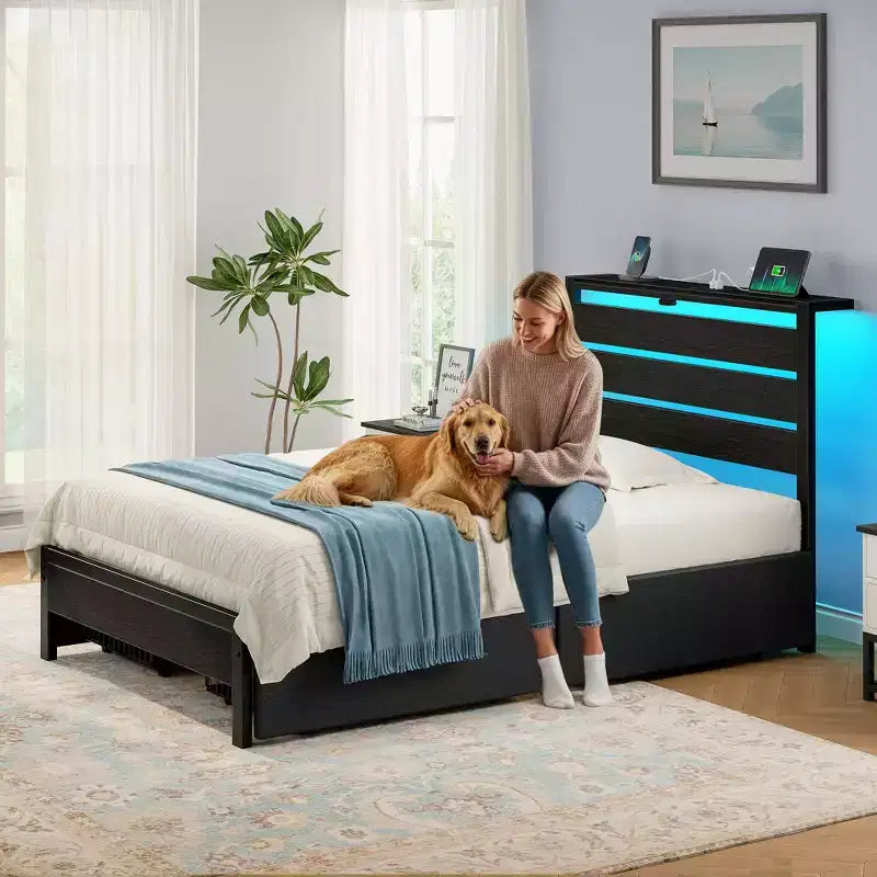 Greenstell Letto con Piattaforma in Metallo Industriale con 4 Cassetti Contenitore - Luce LED e Stazione di Ricarica, Base per Materasso, Robusto