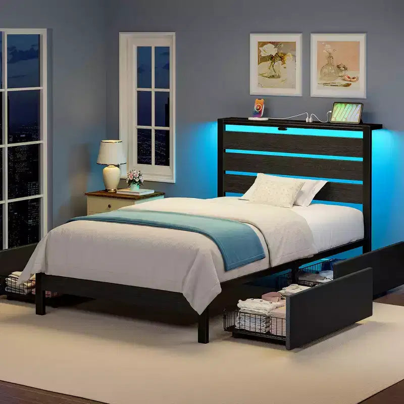 Greenstell Letto con Piattaforma in Metallo Industriale con 4 Cassetti Contenitore - Luce LED e Stazione di Ricarica, Base per Materasso, Robusto
