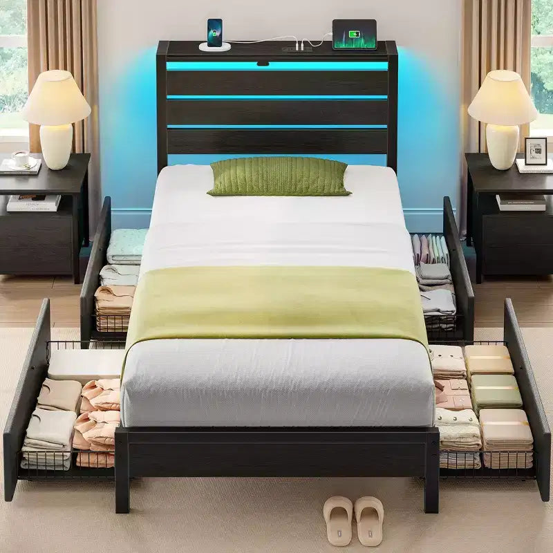 Greenstell Letto con Piattaforma in Metallo Industriale con 4 Cassetti Contenitore - Luce LED e Stazione di Ricarica, Base per Materasso, Robusto