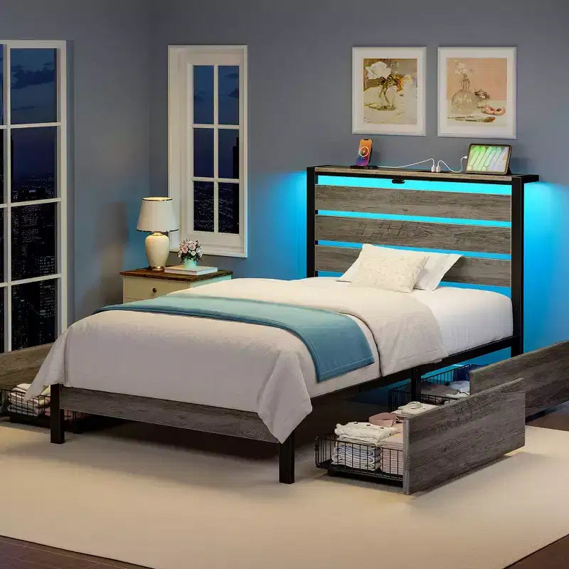 Greenstell Letto con Piattaforma in Metallo Industriale con 4 Cassetti Contenitore - Luce LED e Stazione di Ricarica, Base per Materasso, Robusto